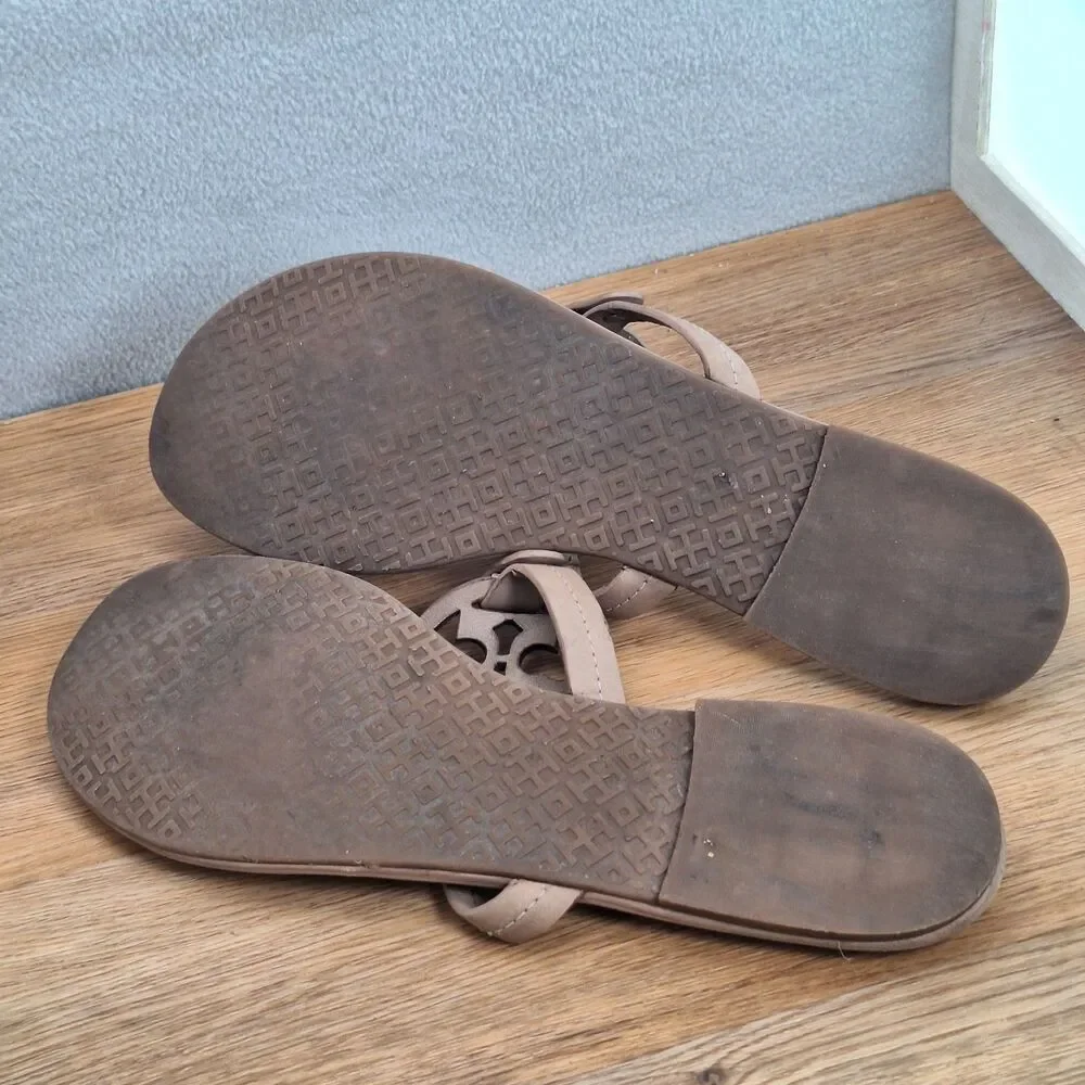 Tory Burch Miller Thong Sandals Women 10.5 Tan Beige Leather Logo Flip Flops